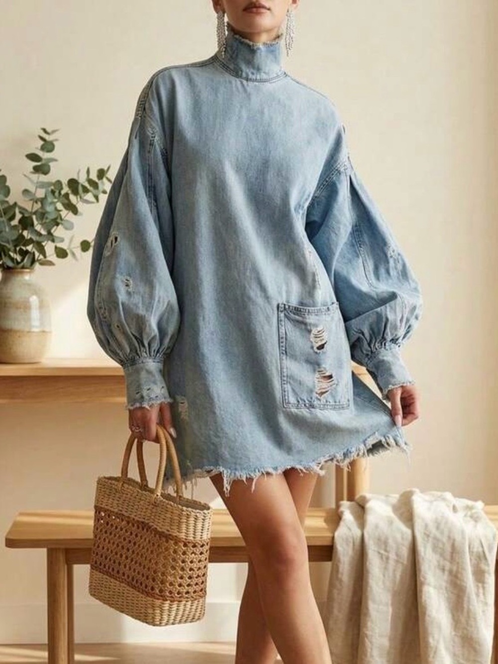 SHEIN Light Blue Distressed Denim Puff-Sleeve Mini Dress